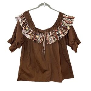 Mondiki Brown Ruffled Square Dance Blouse Top Southwestern Aztec Print Size L
